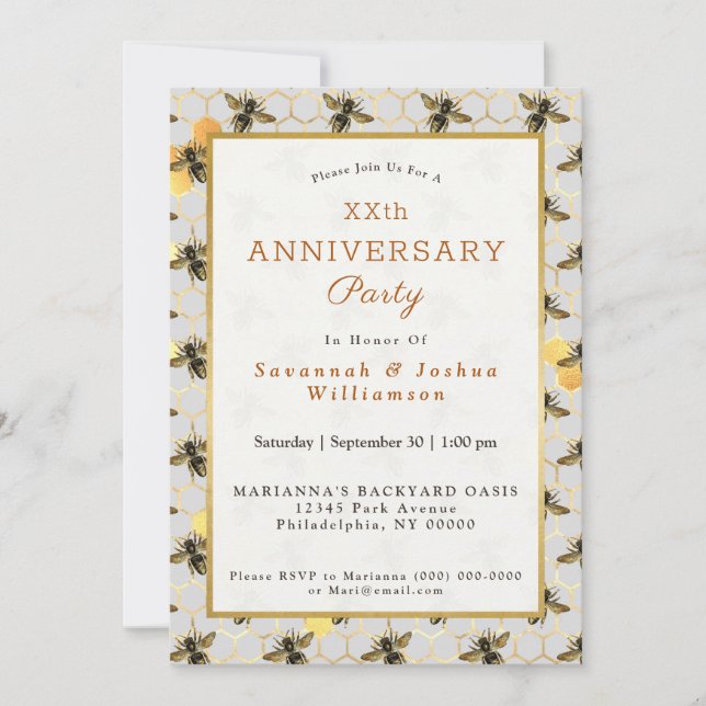 Invitación Aniversario del Honeycomb del oro de las abejas (Anverso)
