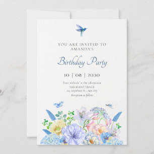 Invitación Aniversario del jardín estético de flores azules