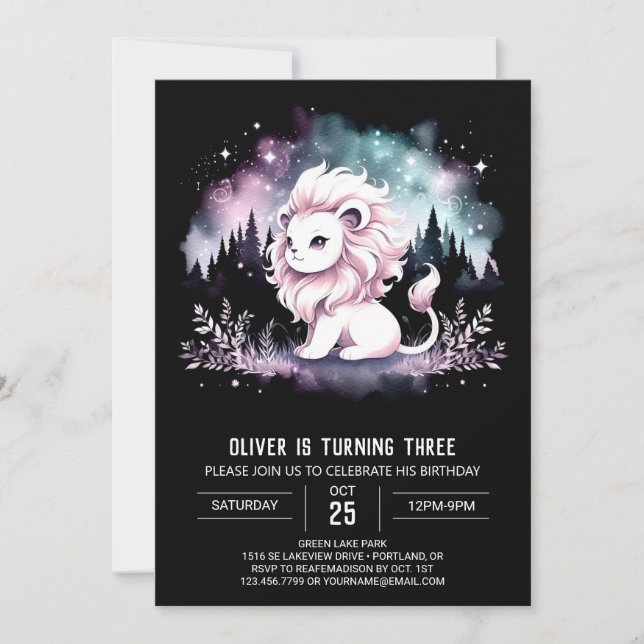 Invitación Aniversario del león mágico infantil (Anverso)