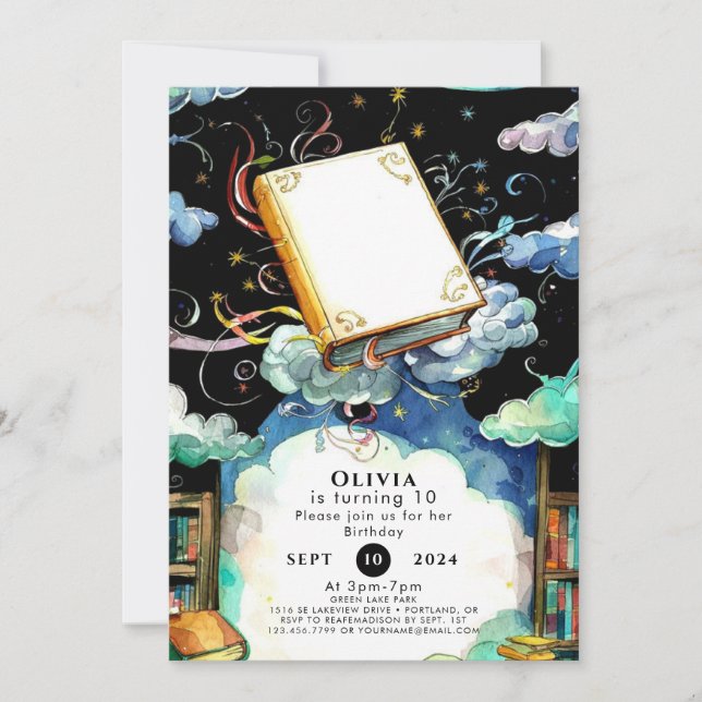 Invitación Aniversario del libro de historias de la bibliotec (Anverso)