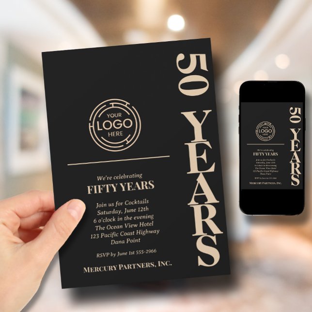Invitación Aniversario del logotipo comercial negro (Business Logo Anniversary Invitations - black and light gold. Printed and/or Instant Download)