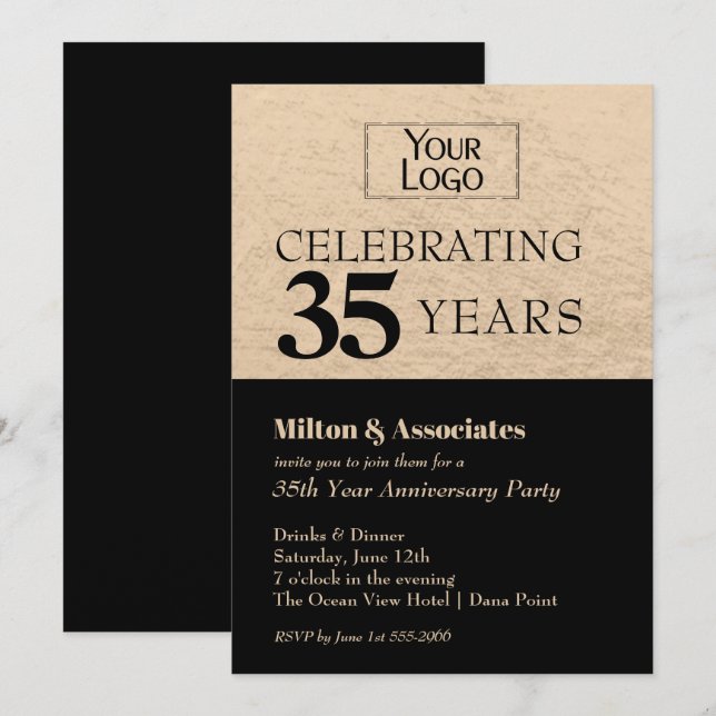 Invitación Aniversario del logotipo comercial Negro y Oro (Anverso / Reverso)
