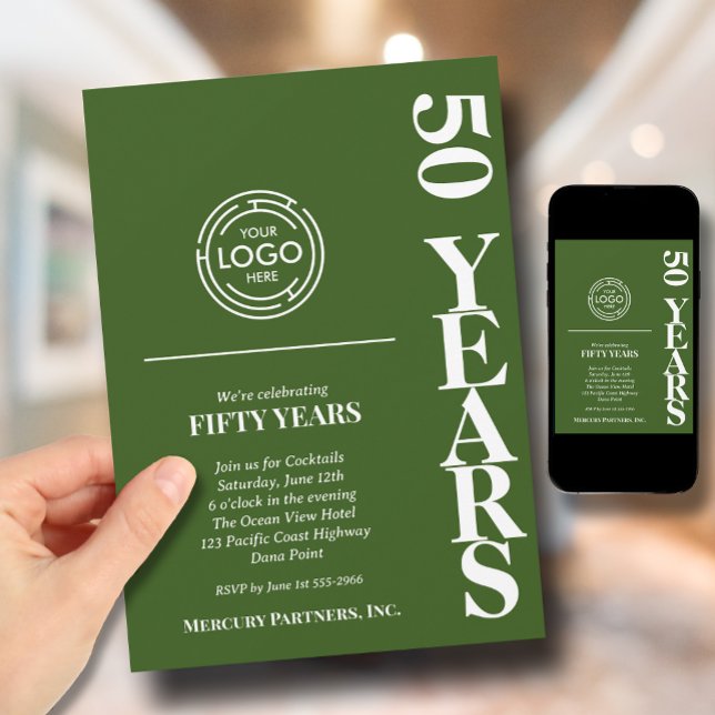 Invitación Aniversario del logotipo comercial Verde (Green business anniversary invitations feature your business logo at the top)
