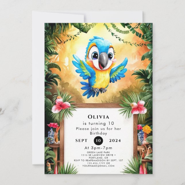 Invitación Aniversario del loro cúbico encantado (Anverso)