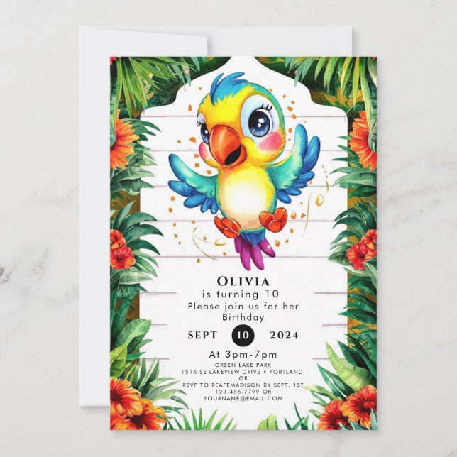 Invitación Aniversario del loro de acuarela de Cute (Anverso)