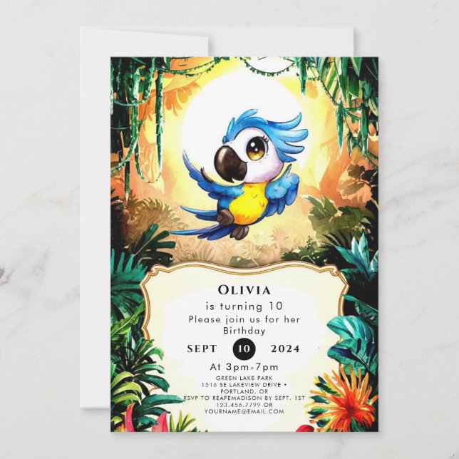 Invitación Aniversario del loro de acuarela simple (Anverso)