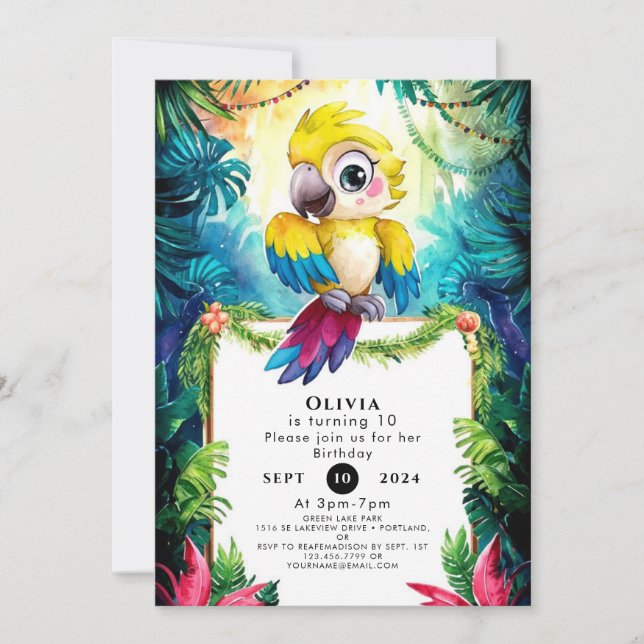 Invitación Aniversario del loro de color (Anverso)