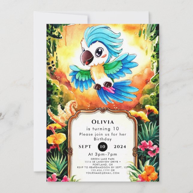 Invitación Aniversario del loro de la jungla acuarela (Anverso)