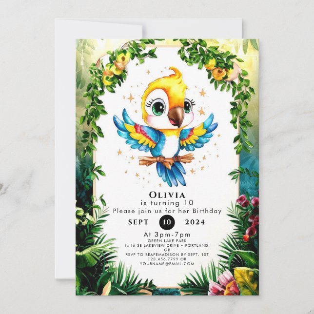 Invitación Aniversario del loro de la jungla de Pastel (Anverso)