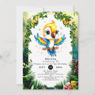 Invitación Aniversario del loro de la jungla de Pastel
