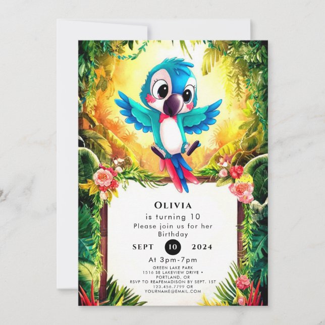 Invitación Aniversario del loro del Pastel de la Jungla (Anverso)