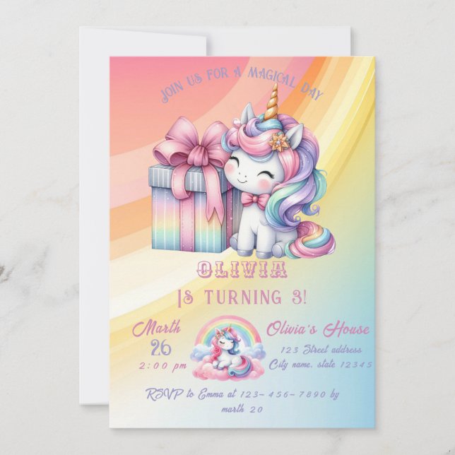 Invitación Aniversario del momento mágico de Rainbow Unicorn  (Anverso)