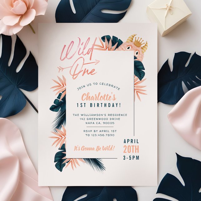 Invitación Aniversario del Monstruo Rosado de la Selva Tropic (Wild One Tropical Jungle Pink Monster Birthday Invitation)