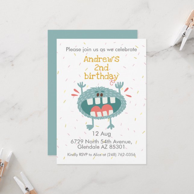 Invitación Aniversario del Monstruo Verde azulado (Anverso/Reverso In Situ)