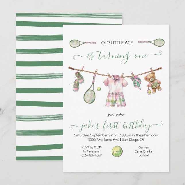 Invitación Aniversario del nacimiento de un niño de tenis per (Anverso / Reverso)