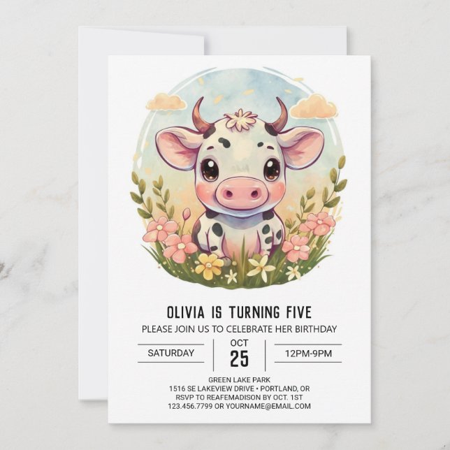 Invitación Aniversario del nacimiento de una vaca elegante (Anverso)