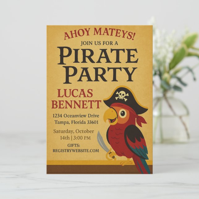 Invitación Aniversario del nacimiento del loro pirata ruso (Anverso de pie)