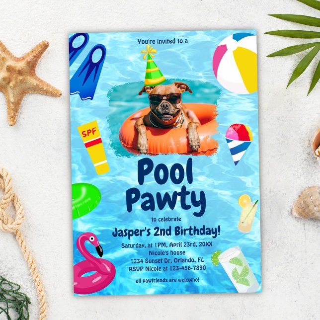 Invitación Aniversario del nacimiento del perro de la rana de (Pool Party Puppy Pawty Dog Birthday Invitation)