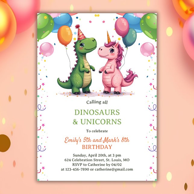 Invitación Aniversario del nacimiento mágico de los niños en  (Magical Dinosaur & Unicorn Joint Kids Birthday Invitation)