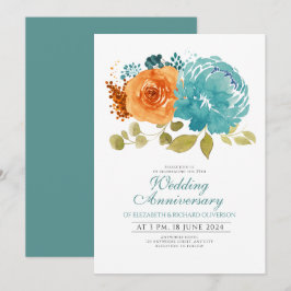 Invitación Aniversario del Naranja floral de Boda verde azula