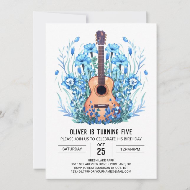 Invitación Aniversario del Niño de Guitarra Acústica Clásica (Anverso)