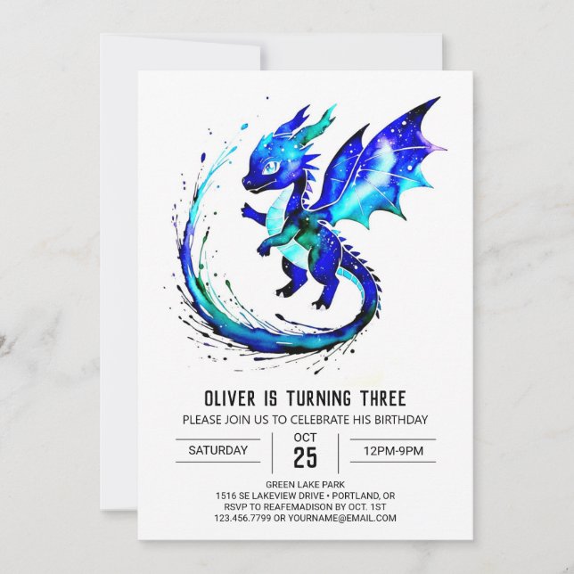 Invitación Aniversario del niño digital Purple Simple Dragon (Anverso)