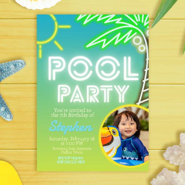 Invitación Aniversario del niño Fiesta de la piscina con invi (Pool Party Boy Birthday with Photo Picture Invitation)