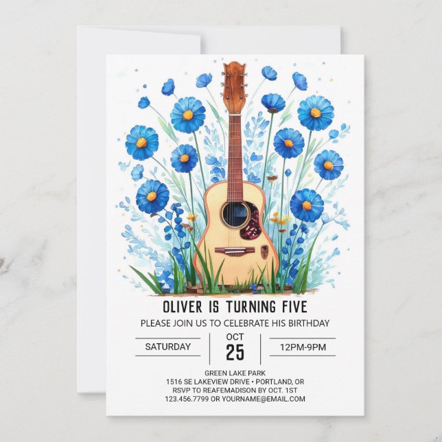Invitación Aniversario del niño guitarrista de un músico enca (Anverso)