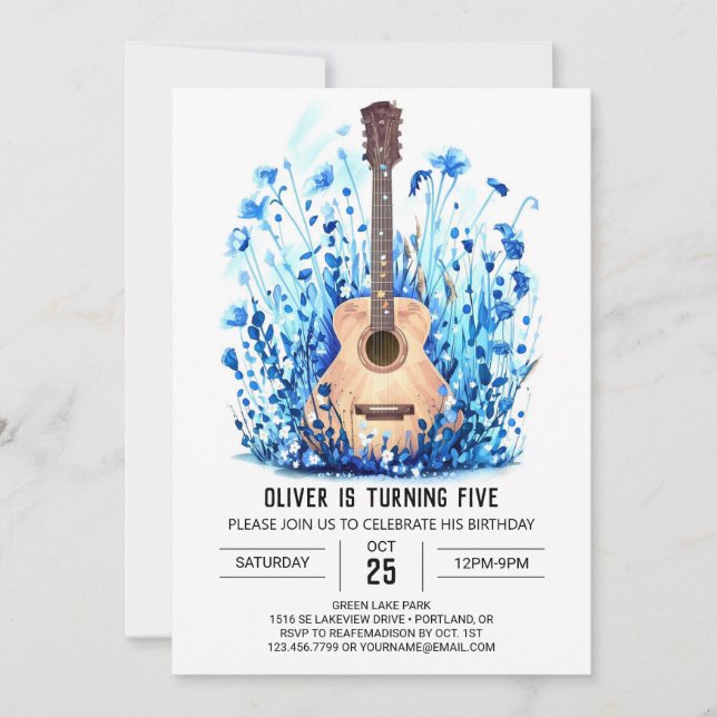 Invitación Aniversario del niño simple de la guitarra azul (Anverso)