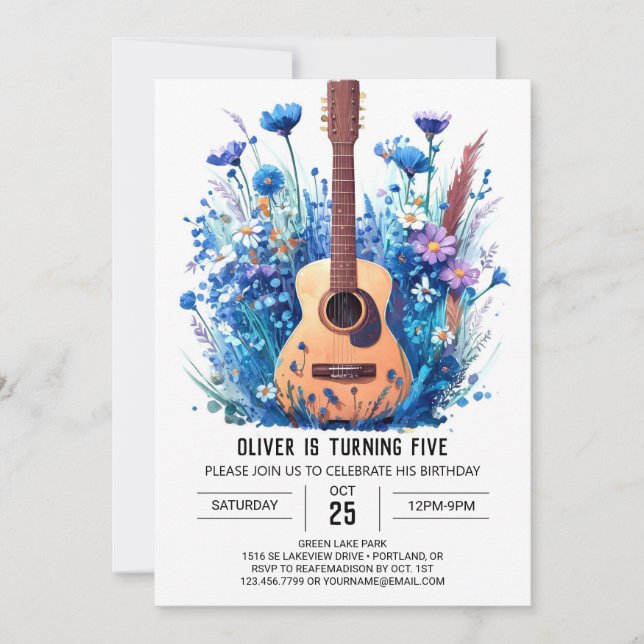 Invitación Aniversario del niño simple de la guitarra azul (Anverso)