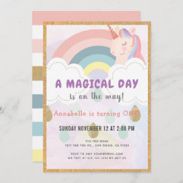 Invitación Aniversario del Oro Mágico del Arcoiris y Unicorni
