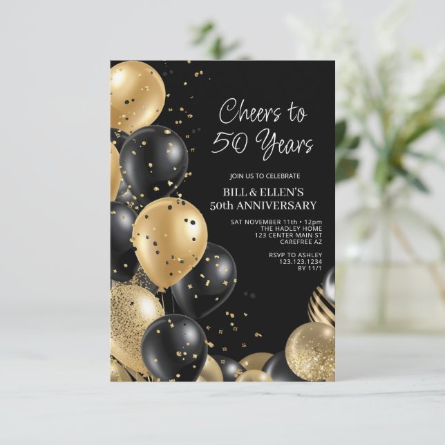 Invitación Aniversario del Oro Negro 50° Boda (Anverso de pie)