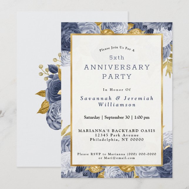Invitación Aniversario del Personalizable floral de oro azul  (Anverso / Reverso)