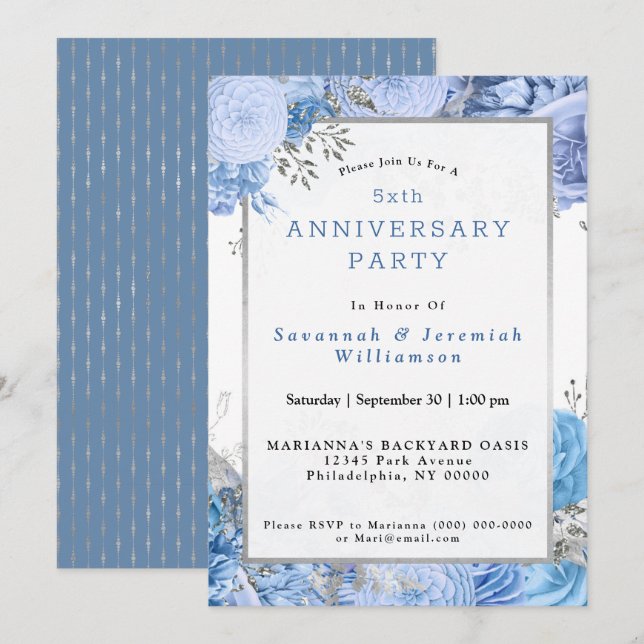 Invitación Aniversario del Personalizable floral de plata azu (Anverso / Reverso)