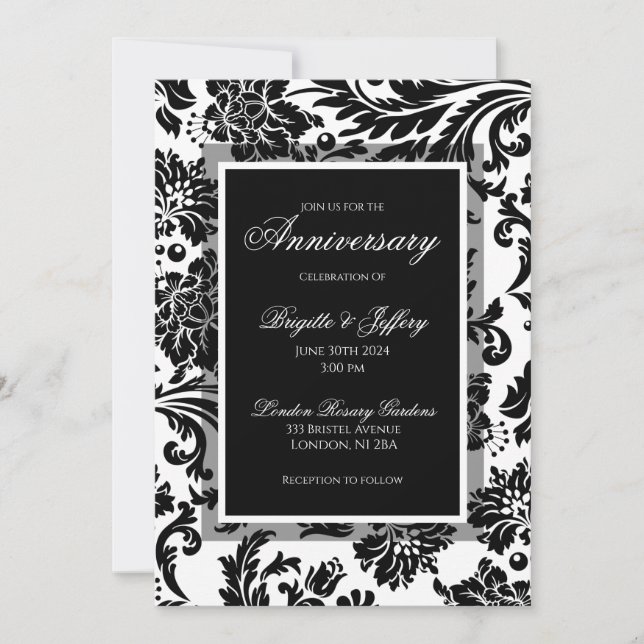 Invitación Aniversario del personalizado de damasco blanco y  (Anverso)