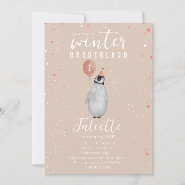 Invitación Aniversario del Pingüino de Globo Rosa de Onederla (Anverso)