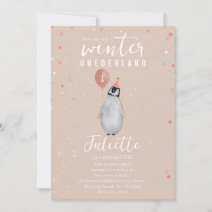 Invitación Aniversario del Pingüino de Globo Rosa de Onederla