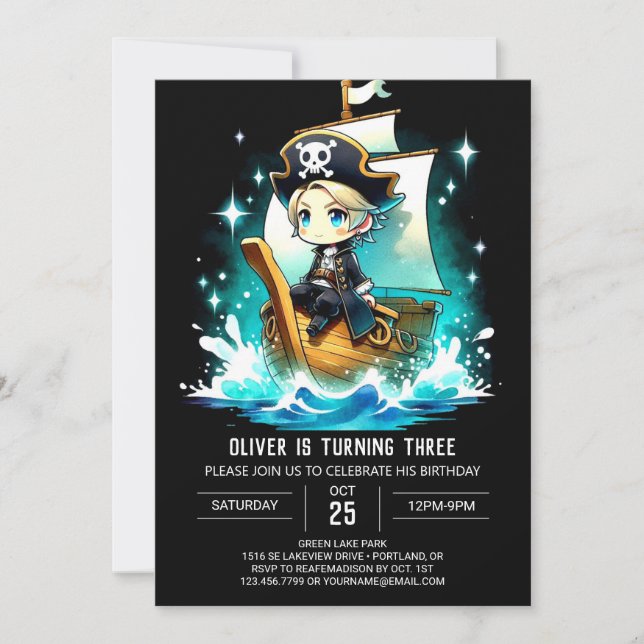 Invitación Aniversario del pirata de Cute Dreamy (Anverso)