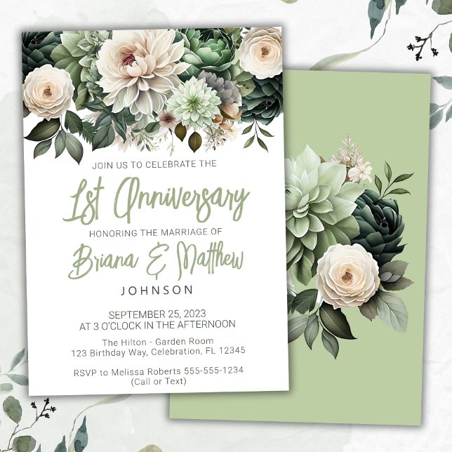 Invitación Aniversario del primer Boda de Sage Green Floral (Subido por el creador)
