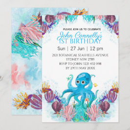 Invitación Aniversario del pulpo de niño colorido del mar del