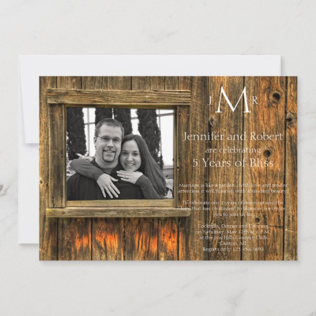 Invitación Aniversario del quinto Boda de Barn Wood (Anverso)