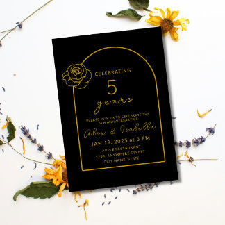 Invitación Aniversario del quinto Boda del negro y el oro mod