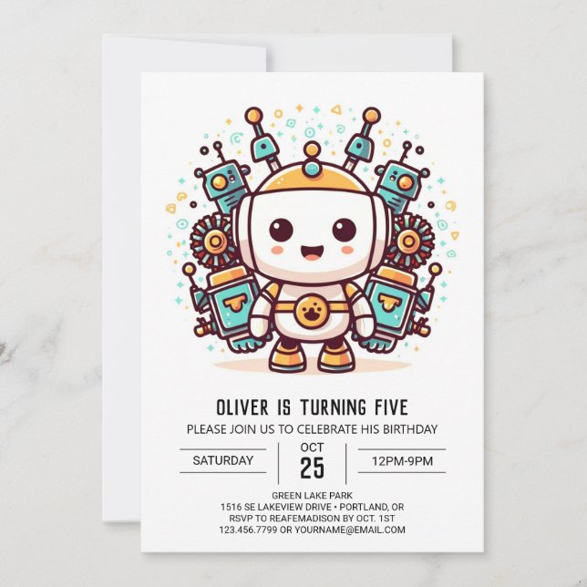 Invitación Aniversario del Robot Metálico Chico Encantado (Anverso)