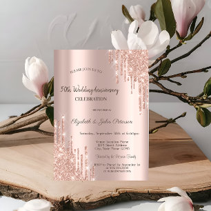 Invitación Aniversario del Rosa de Boda de oro de Purpurinas