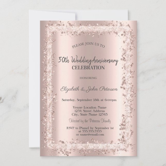 Invitación Aniversario del Rosa del marco purpurina de oro (Anverso)