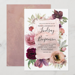 Invitación Aniversario del Rosa y Boda floral de Borgoña