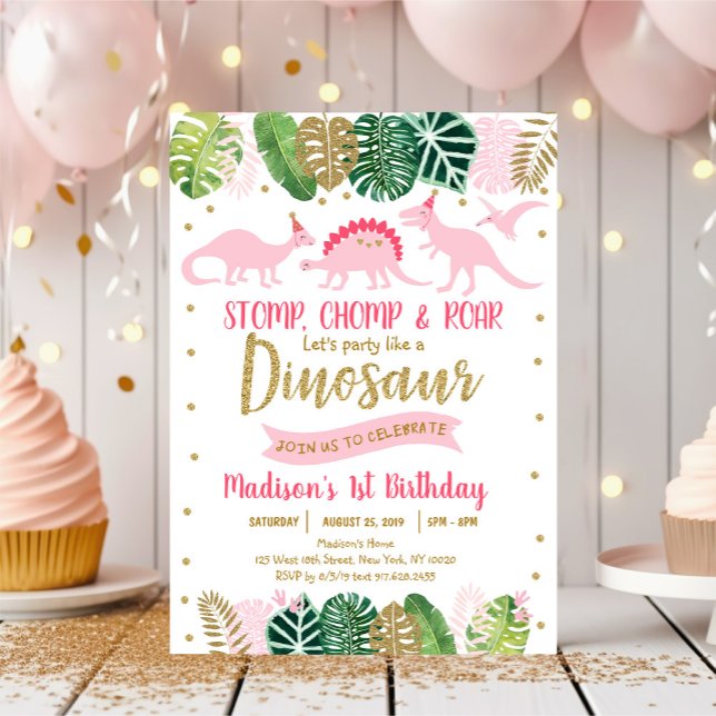 Invitación Aniversario del Safari de los Dinosaurios Rosa y O (Subido por el creador)