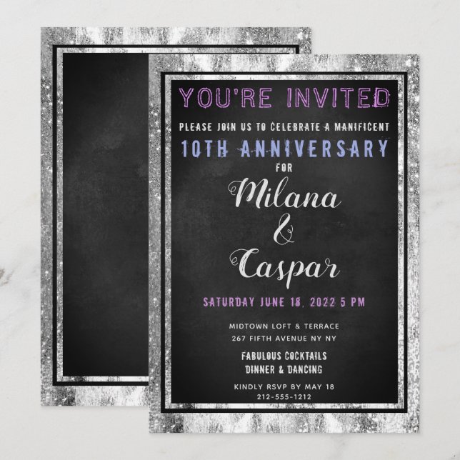 Invitación Aniversario del tablero negro brillante de plata (Anverso / Reverso)