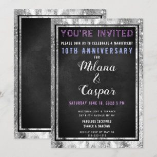 Invitación Aniversario del tablero negro brillante de plata