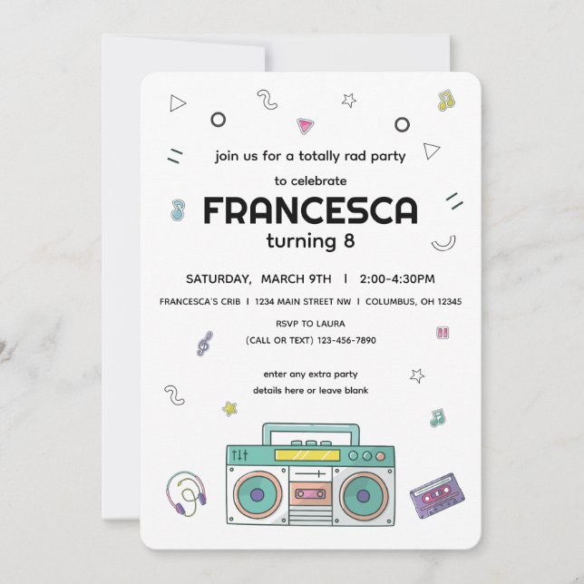 Invitación Aniversario del tema musical de los 90 (Anverso)